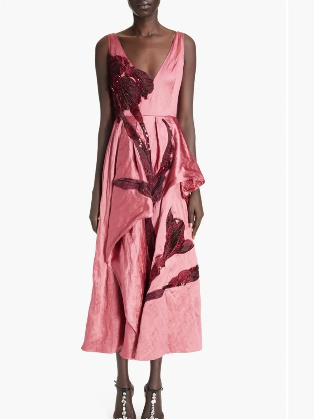 ERDEM Applique Floral Satin Midi Dress - Picture 2 of 16